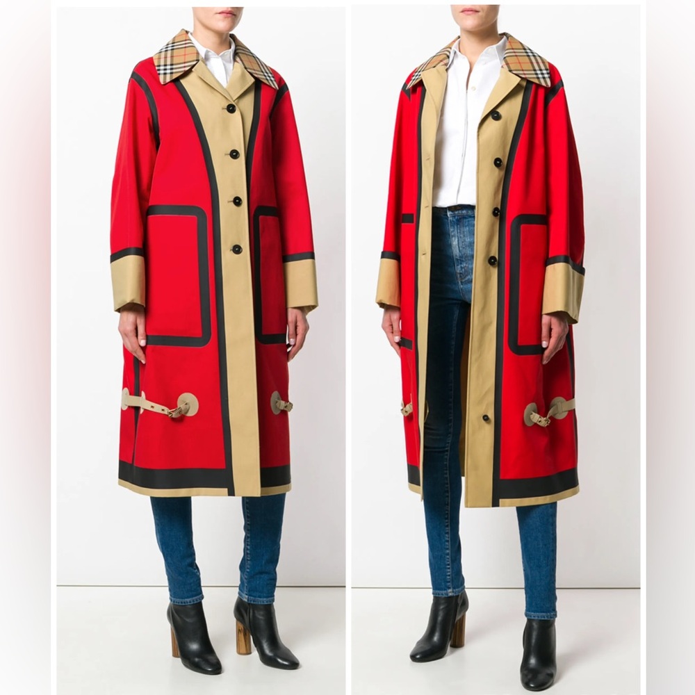BURBERRY Bonded Cotton Oversized Seam-sealed Car Coat In Red/beige - Picture 3 of 16